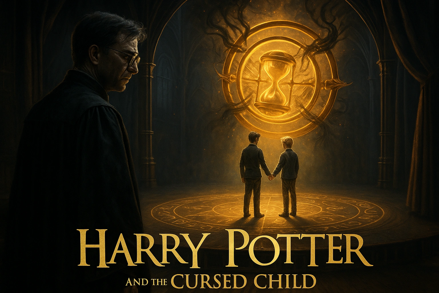 Grown-up Harry Potter watching Albus and Scorpius on stage in a magical Harry Potter Cursed Child scene