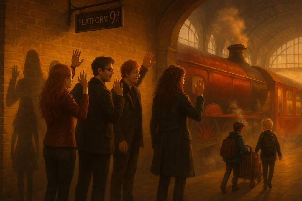 Grown-up Harry Potter and friends seeing off Albus in Cursed Child epilogue scene