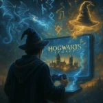 Hogwarts Legacy gamer playing the most popular Harry Potter video games with magical effects