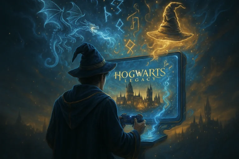 Hogwarts Legacy gamer playing the most popular Harry Potter video games with magical effects