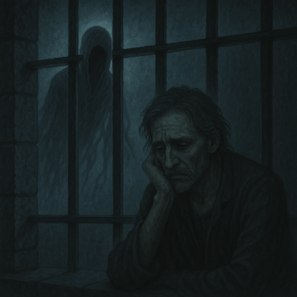 Prisoner in Azkaban cell with Dementor draining memories under eerie green light.