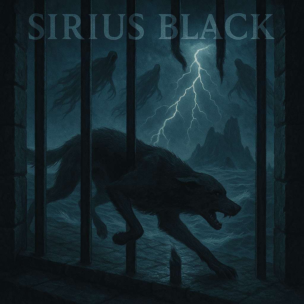 Sirius Black escaping Azkaban as a dog with Dementors chasing under a lightning-struck sky.