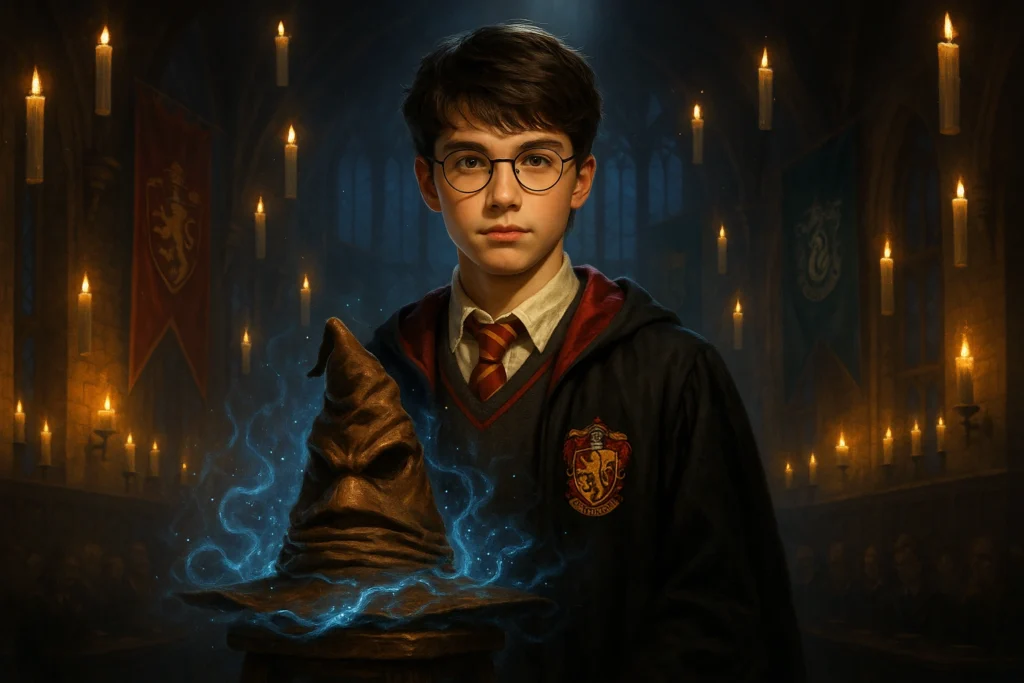 Fantasy-style image of new Harry Potter actor for HBO series standing beneath Sorting Hat.