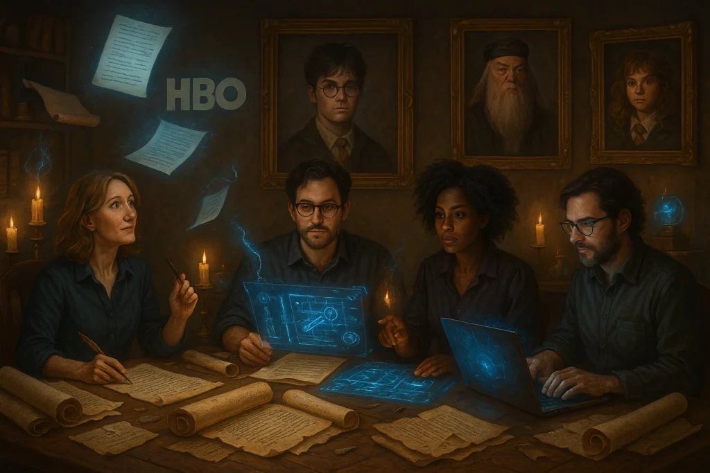 Behind-the-scenes fantasy-style image of HBO creators developing the new Harry Potter HBO series.