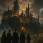 Stunning fantasy-style concept of the upcoming Harry Potter HBO series featuring reimagined Hogwarts at dusk.