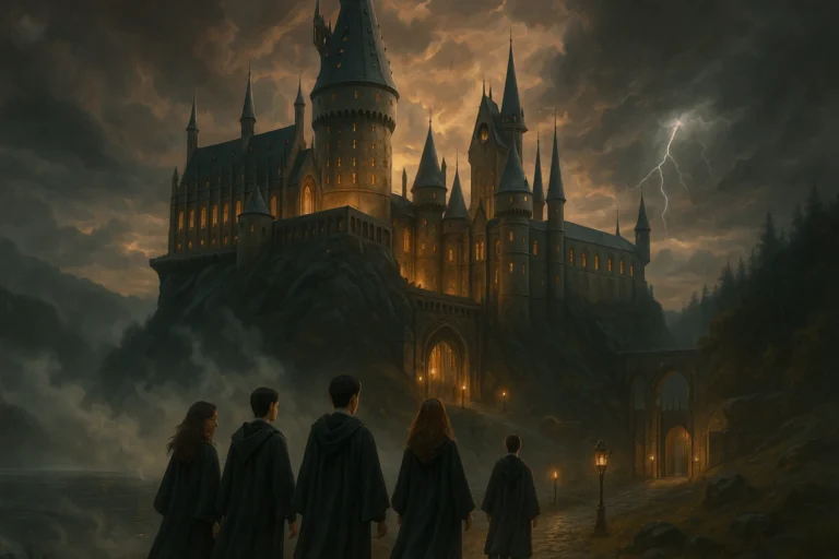 Stunning fantasy-style concept of the upcoming Harry Potter HBO series featuring reimagined Hogwarts at dusk.