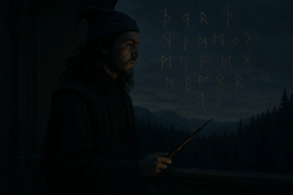 Dumbledore’s Hidden Secrets visualized through a mysterious portrait of young Albus Dumbledore holding the Elder Wand.