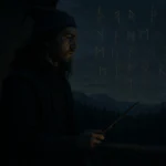 Dumbledore’s Hidden Secrets visualized through a mysterious portrait of young Albus Dumbledore holding the Elder Wand.