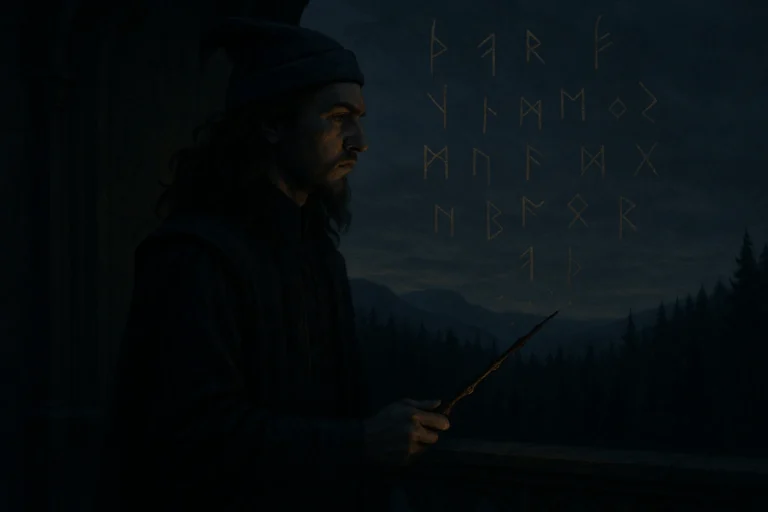 Dumbledore’s Hidden Secrets visualized through a mysterious portrait of young Albus Dumbledore holding the Elder Wand.