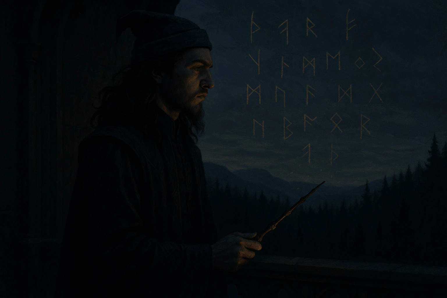Dumbledore’s Hidden Secrets visualized through a mysterious portrait of young Albus Dumbledore holding the Elder Wand.