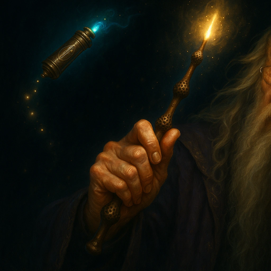 Dumbledore’s Hidden Secrets tied to the Elder Wand and Deluminator depicted in magical fantasy illustration.