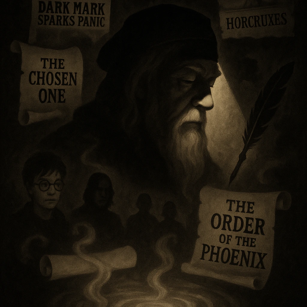 Dumbledore’s Hidden Secrets reimagined through floating magical theories in shadowy Hogwarts setting.