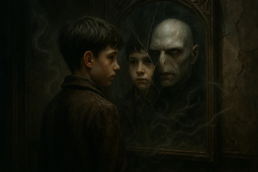 Voldemort backstory illustrated through young Tom Riddle’s reflection turning into Lord Voldemort in fantasy-style image