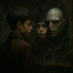 Voldemort backstory illustrated through young Tom Riddle’s reflection turning into Lord Voldemort in fantasy-style image