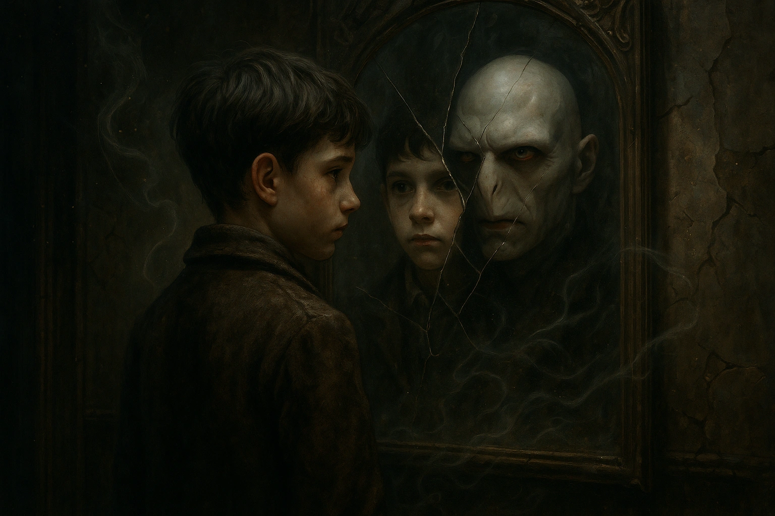 Voldemort backstory illustrated through young Tom Riddle’s reflection turning into Lord Voldemort in fantasy-style image