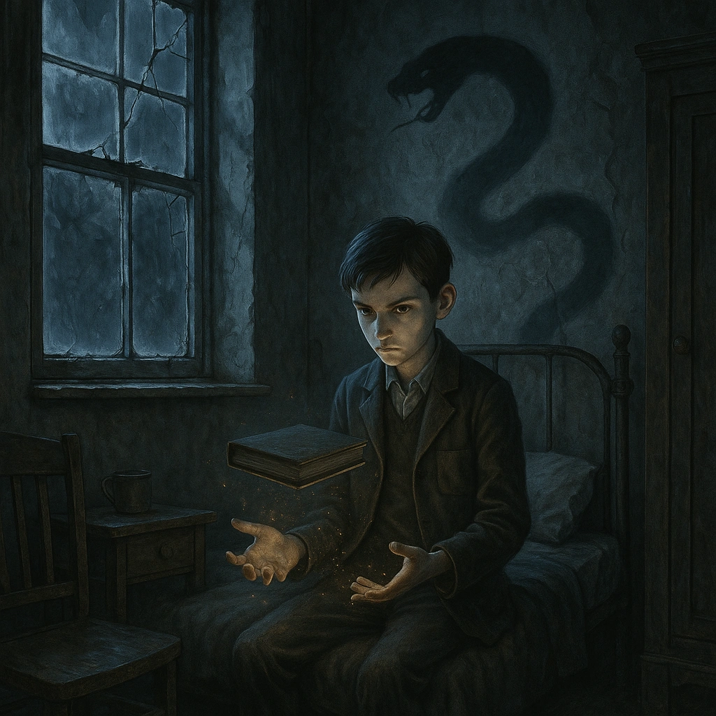 Voldemort backstory illustration showing Tom Riddle’s early magic at Wool’s Orphanage in dark fantasy style