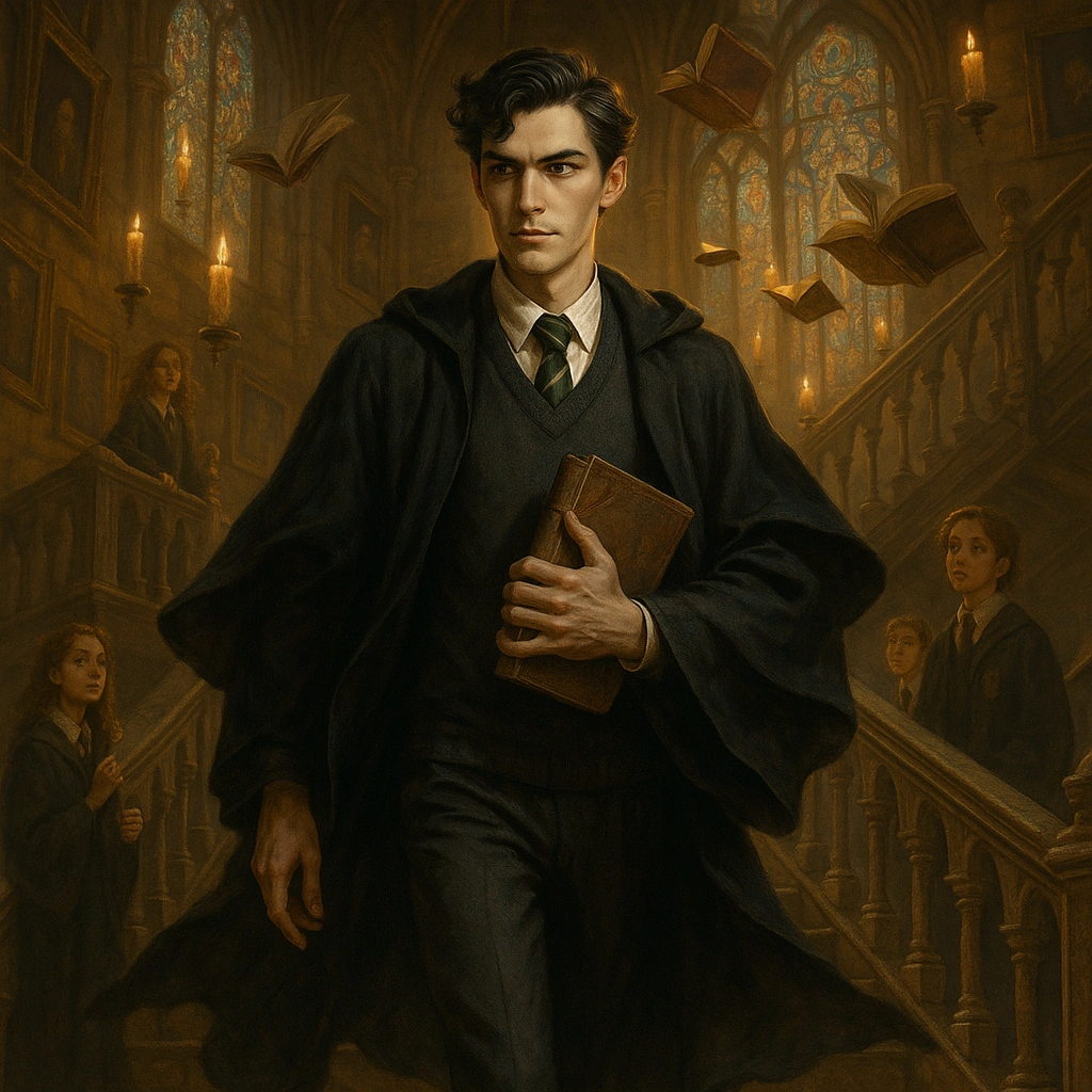 Voldemort backstory at Hogwarts illustrated with teenage Tom Riddle walking the Grand Staircase in fantasy Hogwarts setting