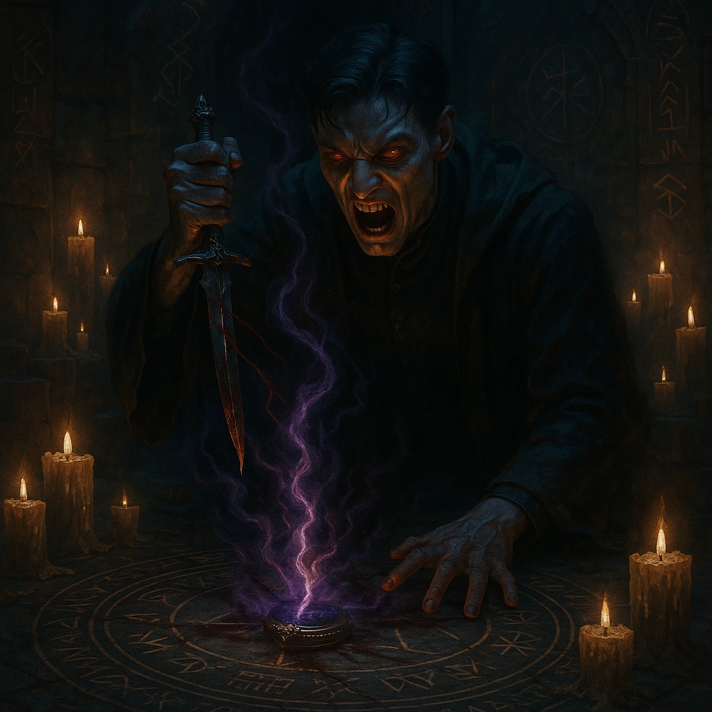 Voldemort backstory image showing Tom Riddle performing Horcrux ritual in a fantasy-style dark chamber