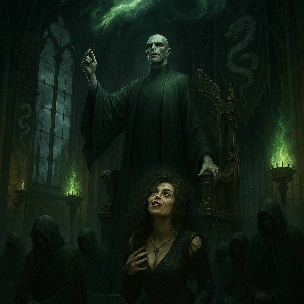 Voldemort backstory fantasy illustration of Death Eaters kneeling before the Dark Lord in gothic throne room