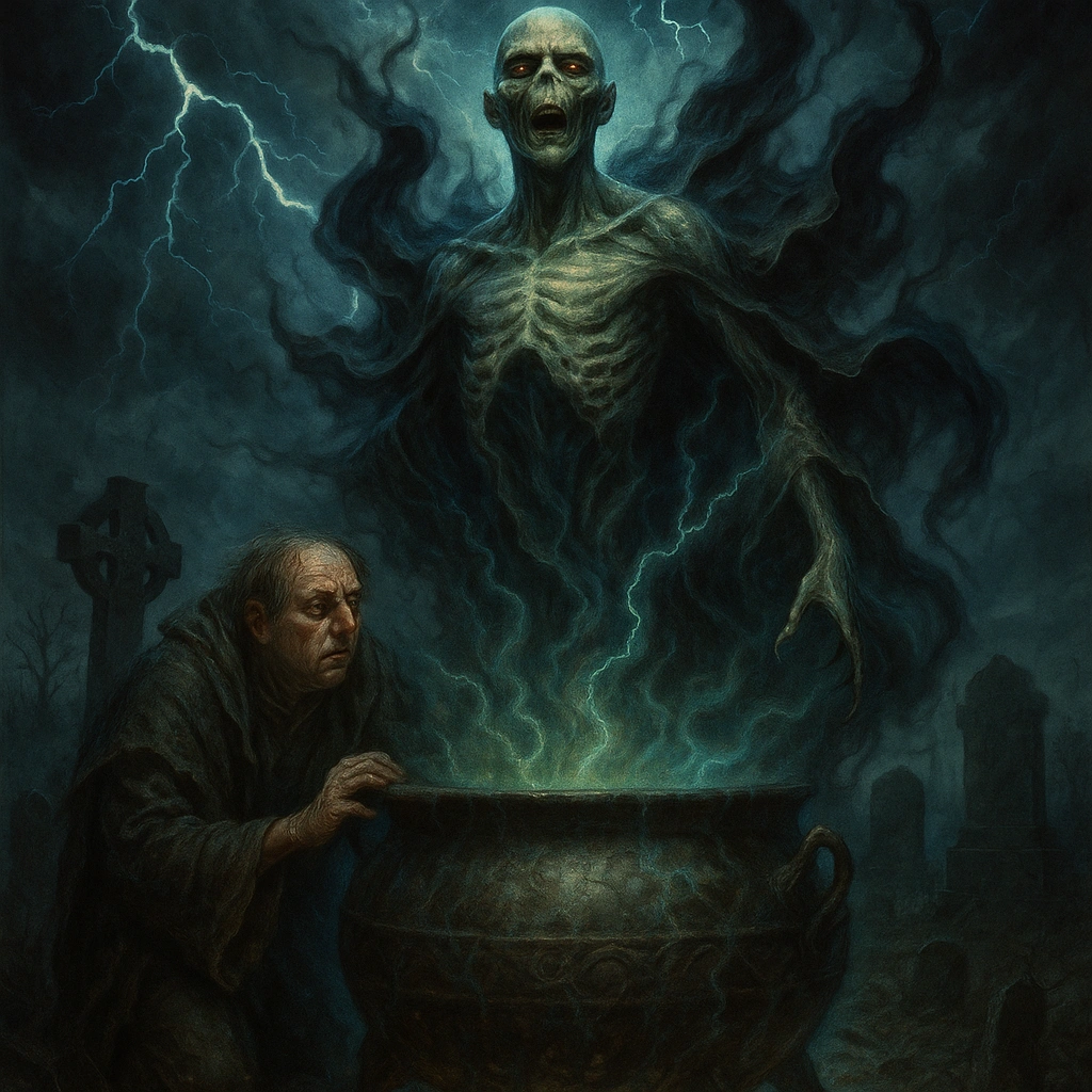 Voldemort backstory image of rebirth scene in graveyard cauldron in dark fantasy horror style