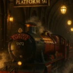 Hogwarts Express at Platform Nine and Three-Quarters surrounded by magical steam and wizards