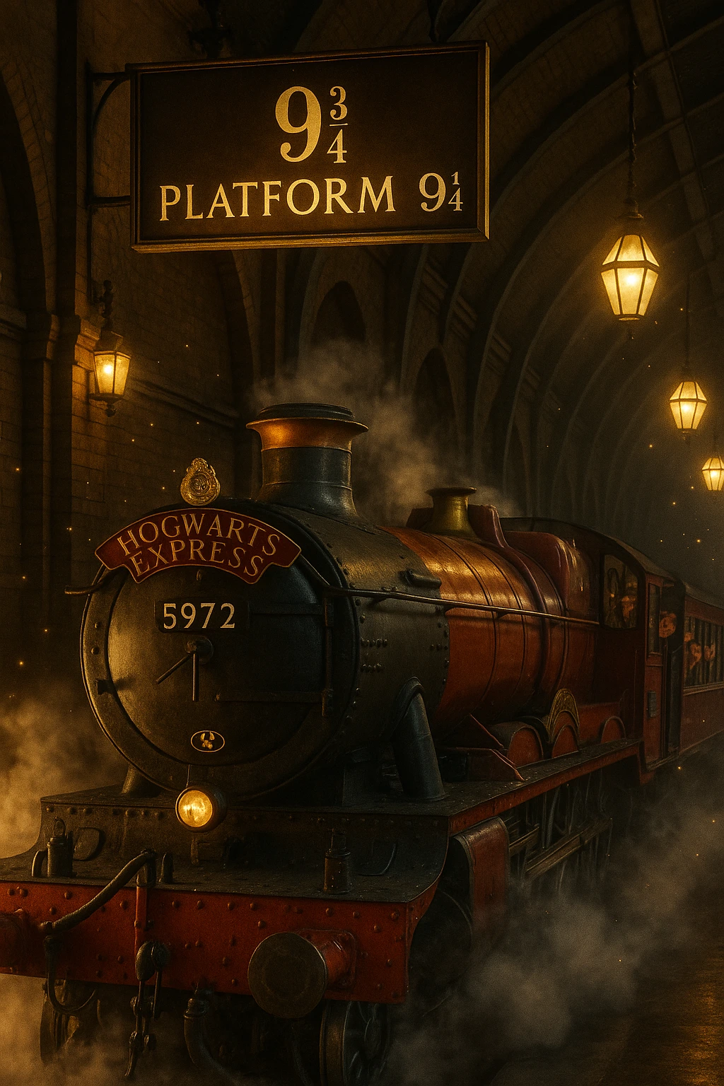 Hogwarts Express at Platform Nine and Three-Quarters surrounded by magical steam and wizards