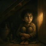 Young Harry Potter sitting alone inside a dark cupboard under the stairs, surrounded by shadows and cobwebs.