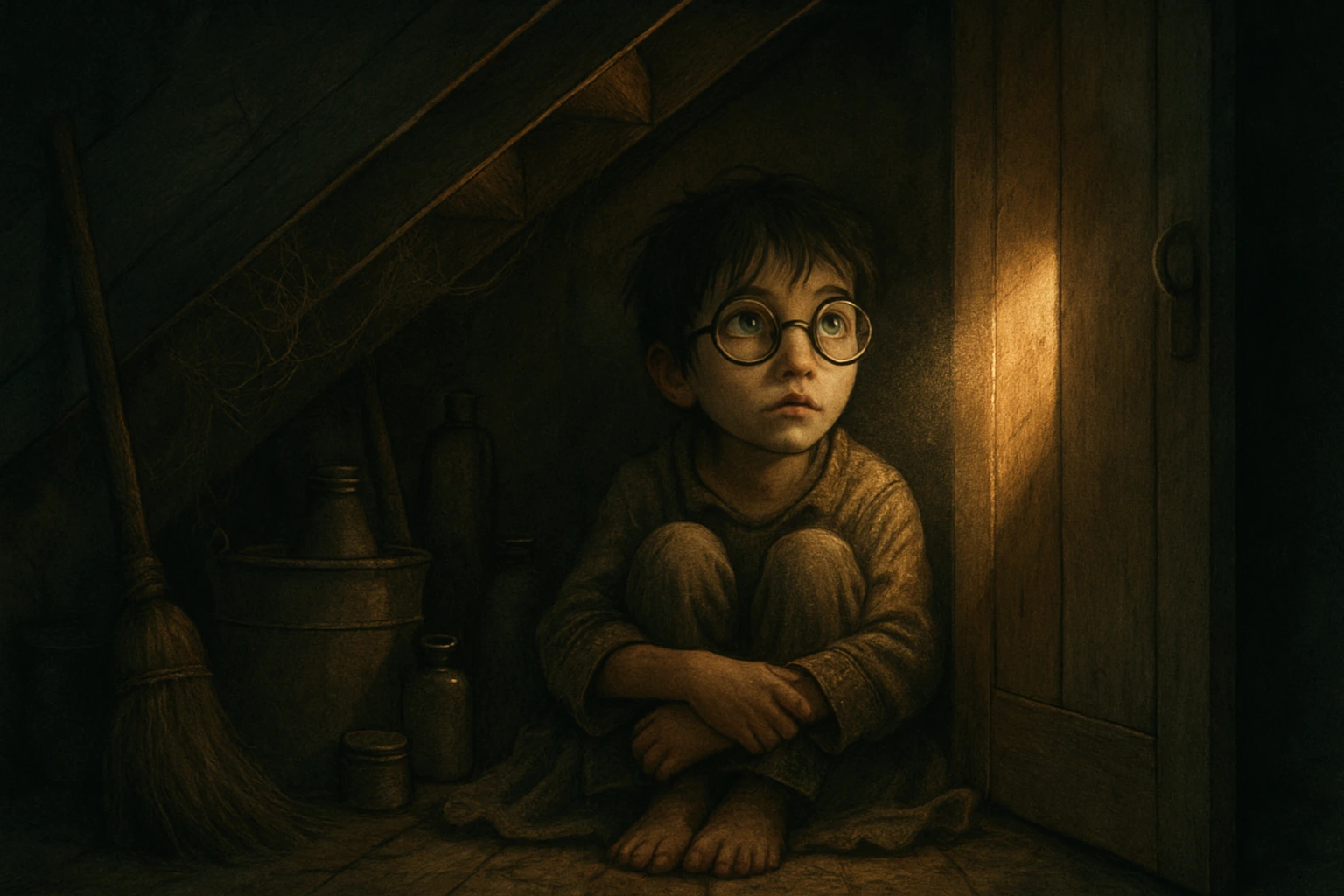 Young Harry Potter sitting alone inside a dark cupboard under the stairs, surrounded by shadows and cobwebs.