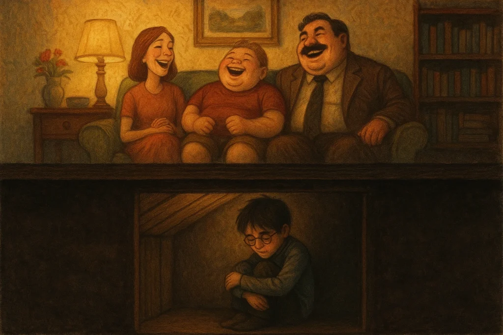 Split-scene showing the Dursleys enjoying comfort upstairs while Harry Potter sits alone below in a dark cupboard.