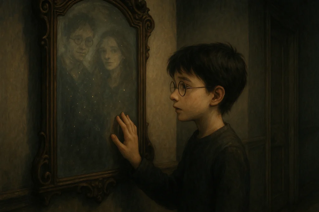 Harry Potter looking into an old hallway mirror, his face lit softly with curiosity and longing.