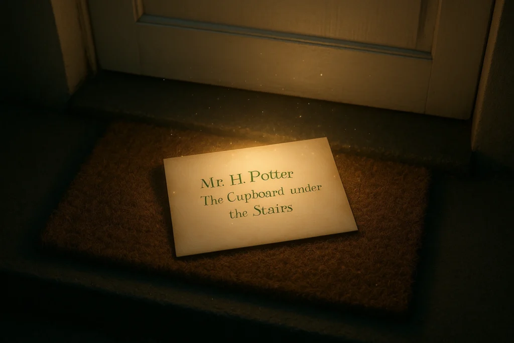 A glowing Hogwarts letter addressed to Harry Potter lying on a doorstep in the early morning light.