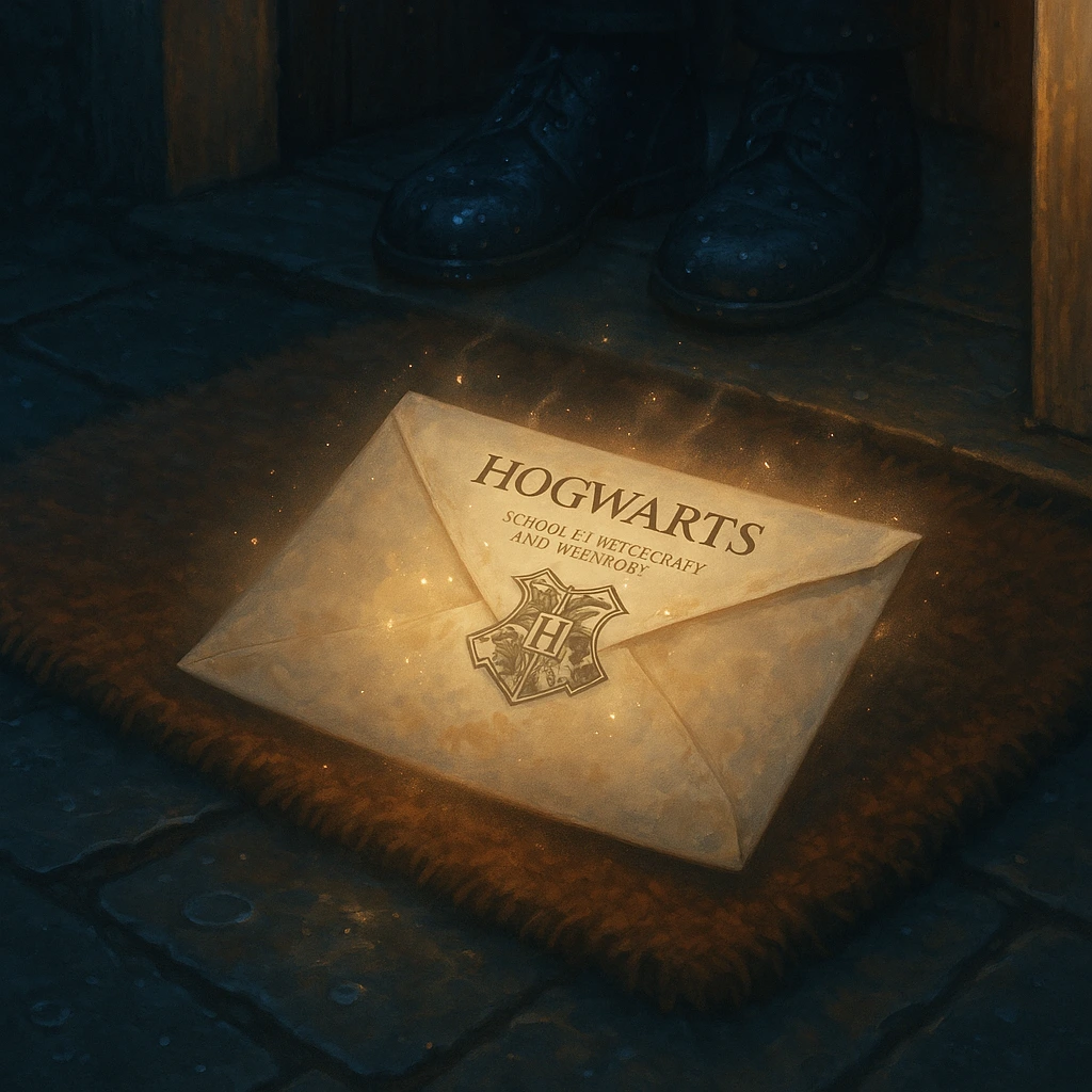 Single unopened Hogwarts letter resting at the doorstep – letters from nowhere Harry Potter visual.