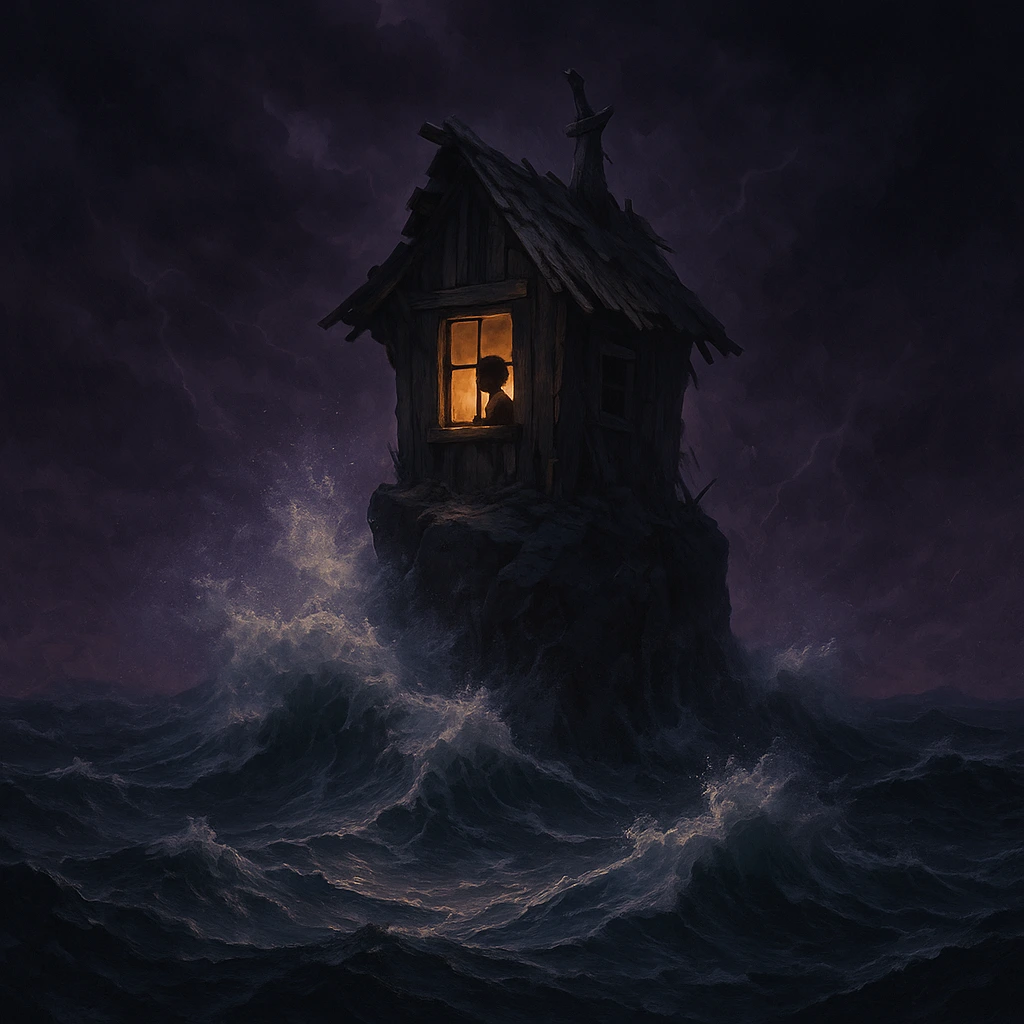 Stormy sea hut visual from “letters from nowhere Harry Potter” chapter – where Harry was taken to escape the letters.