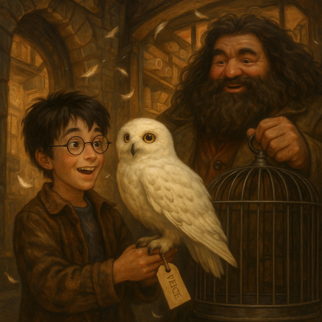Harry Potter receives Hedwig owl in Through the Brick Wall