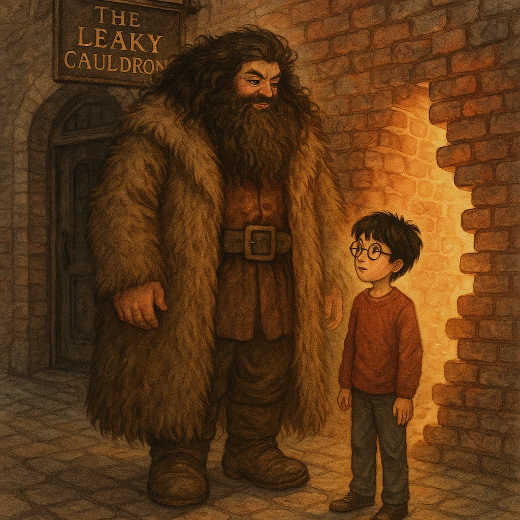 Harry Potter and Hagrid at Leaky Cauldron entrance in Through the Brick Wall