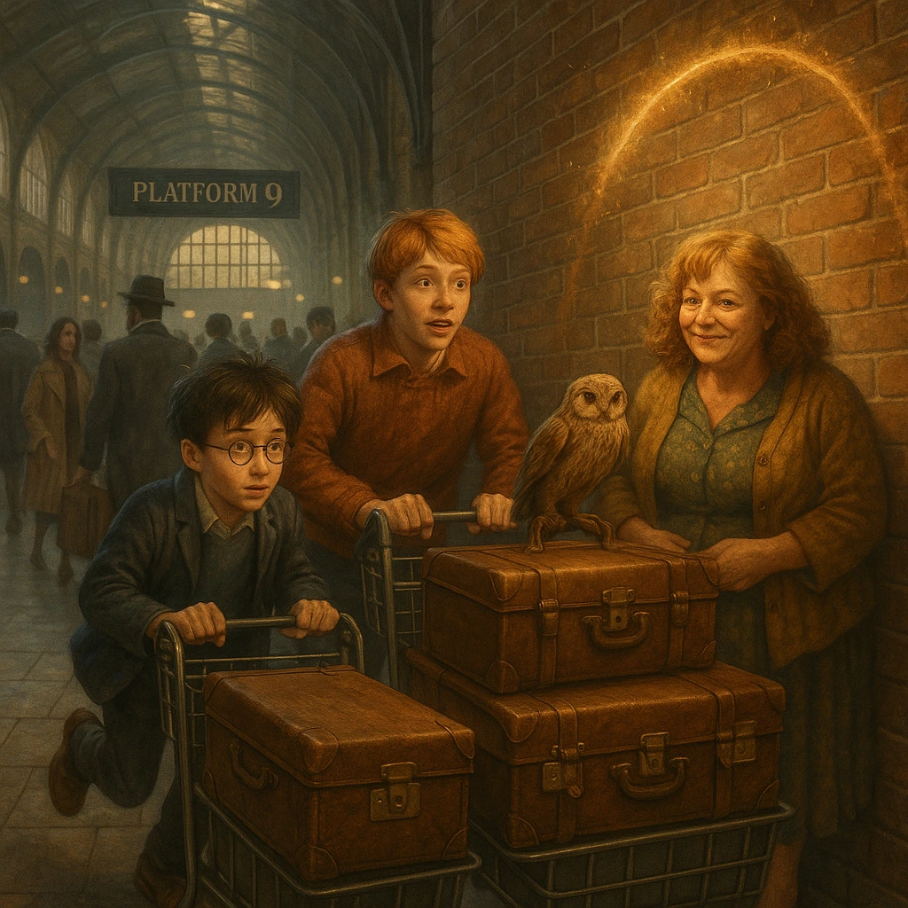Harry and Ron entering Platform Nine and Three-Quarters to board the Hogwarts Express