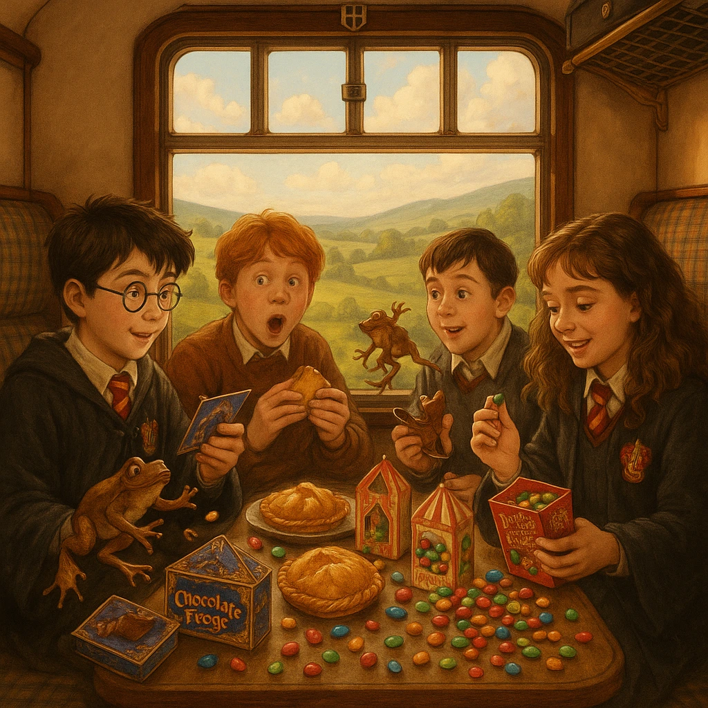 Hogwarts Express train compartment with Harry, Ron, Hermione, and Neville sharing sweets