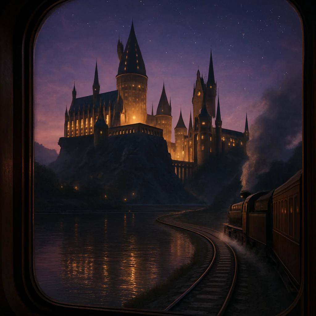 First view of Hogwarts Castle from the Hogwarts Express at twilight