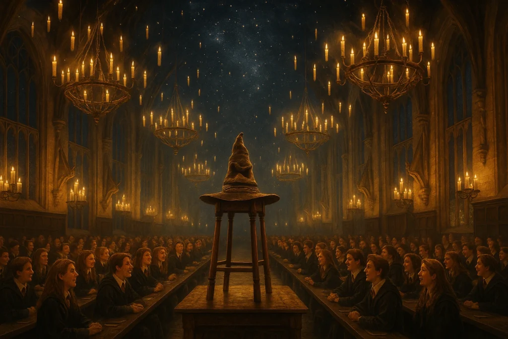 Sorting Hat in Hogwarts Great Hall during the Sorting Ceremony with enchanted ceiling and candlelight.