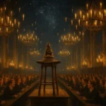 Sorting Hat in Hogwarts Great Hall during the Sorting Ceremony with enchanted ceiling and candlelight.
