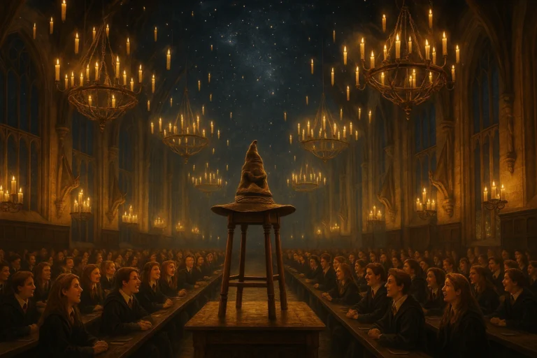Sorting Hat in Hogwarts Great Hall during the Sorting Ceremony with enchanted ceiling and candlelight.
