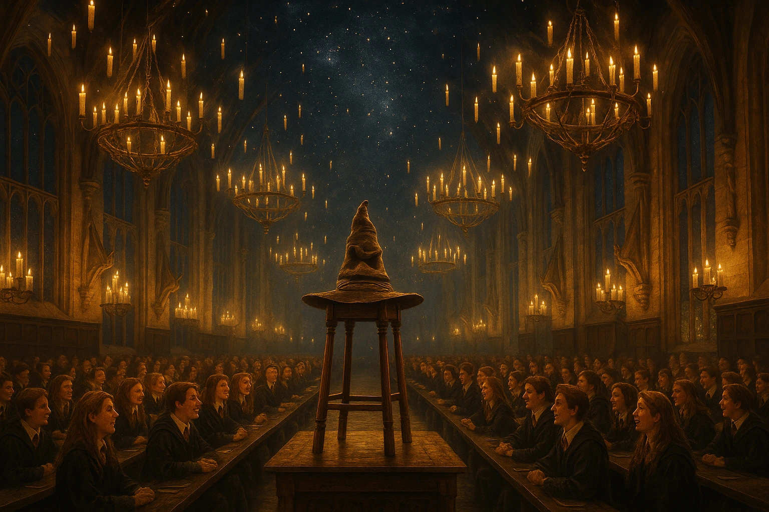 Sorting Hat in Hogwarts Great Hall during the Sorting Ceremony with enchanted ceiling and candlelight.