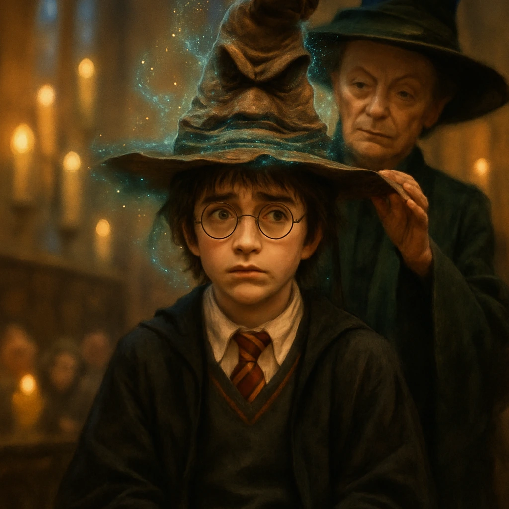 Harry Potter wearing the Sorting Hat during Hogwarts Sorting Ceremony.