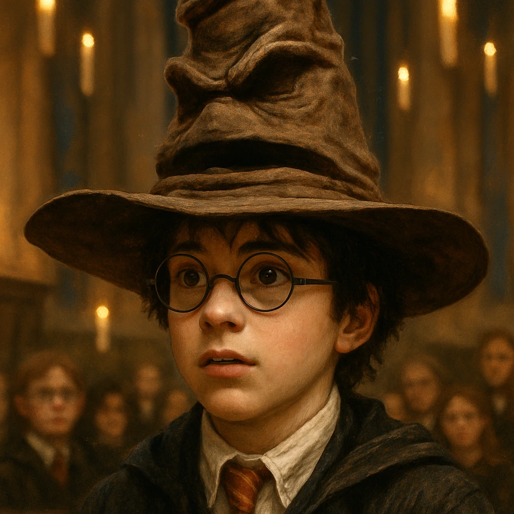 Harry Potter wearing the Sorting Hat during Hogwarts Feast in the Great Hall.