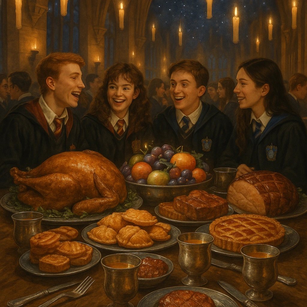 Magical banquet at the Hogwarts Feast with enchanted floating candles and lavish dishes.