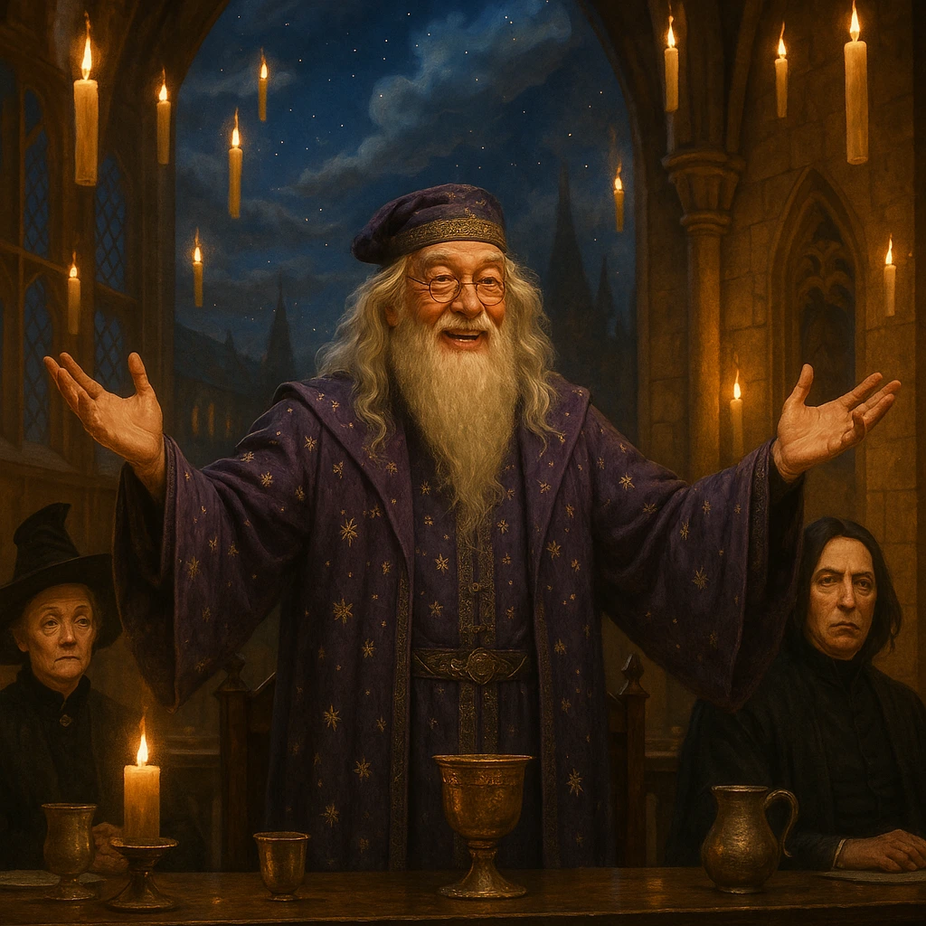 Albus Dumbledore giving welcome speech at Hogwarts Feast in the Great Hall.