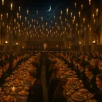 Hogwarts Feast in the Great Hall during Sorting Ceremony with enchanted floating candles and magical banquet.