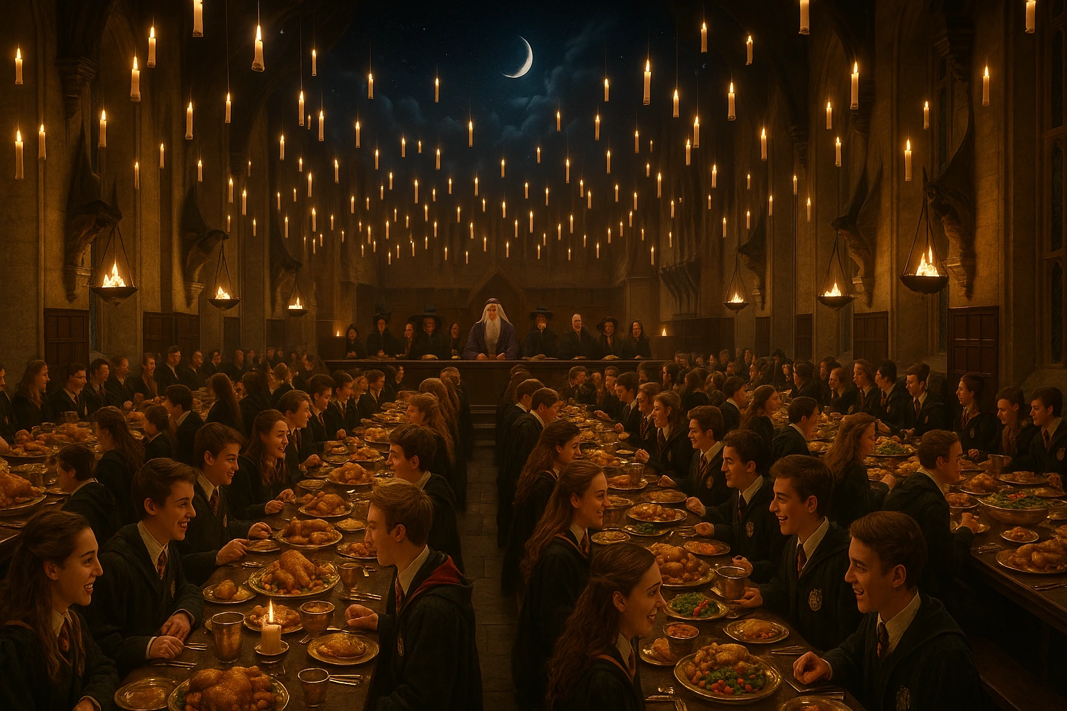 Hogwarts Feast in the Great Hall during Sorting Ceremony with enchanted floating candles and magical banquet.