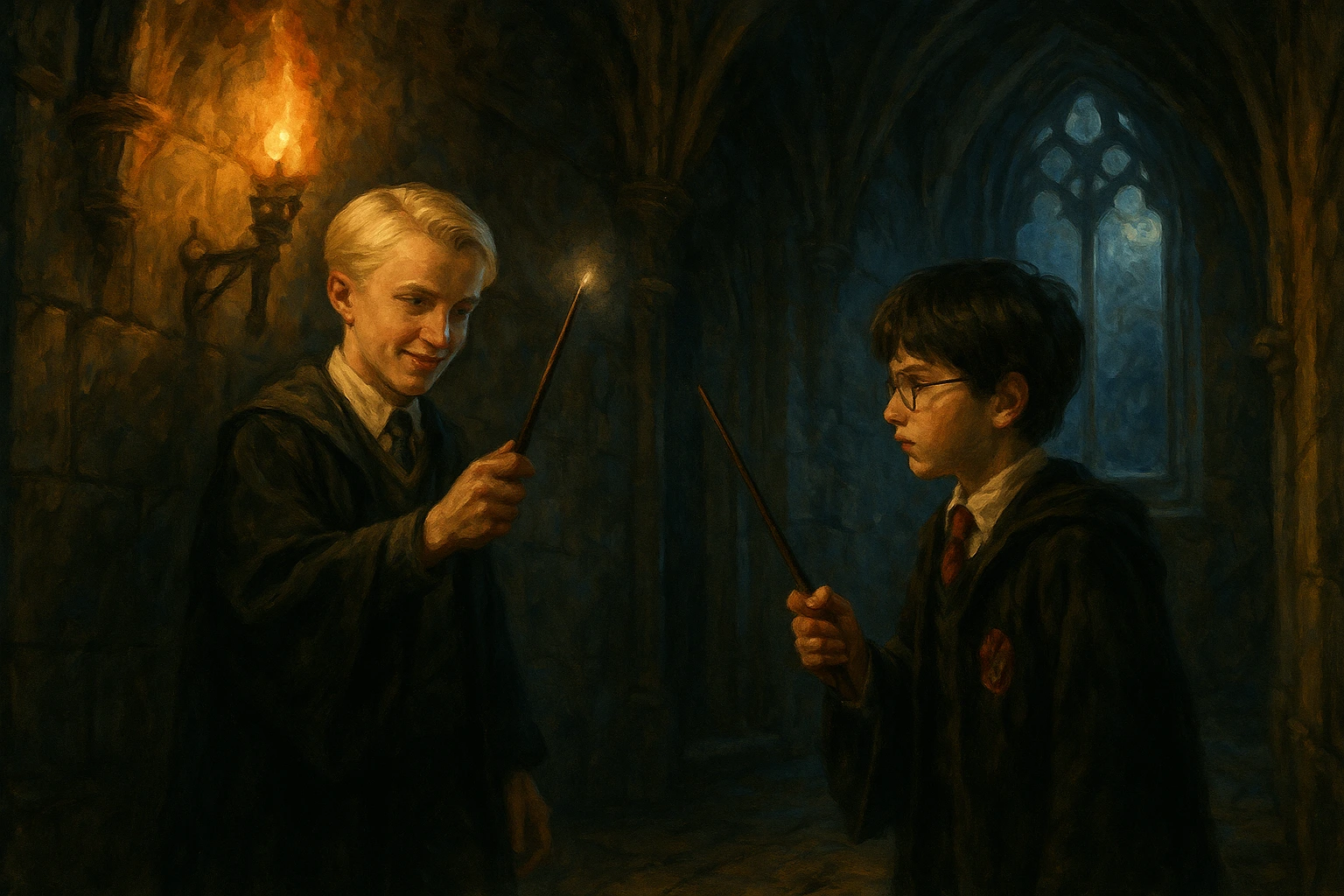 Midnight Duel Harry Potter – Draco Malfoy challenges Harry Potter under torchlight in Hogwarts corridor