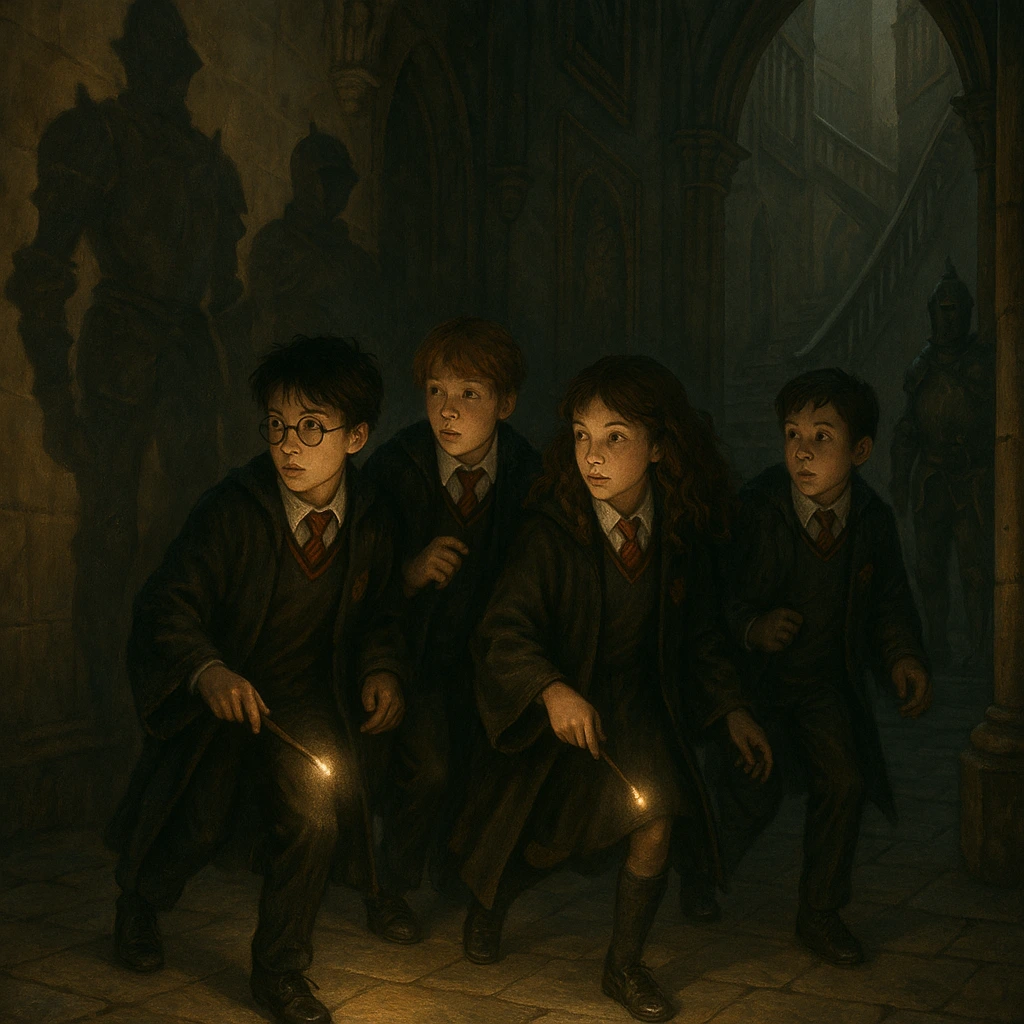 Midnight Duel Harry Potter – Harry, Ron, Hermione, and Neville sneaking through Hogwarts corridors at night